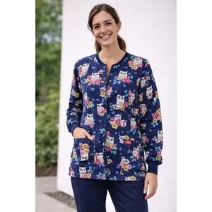 Dickies Owl Print Scrub Jacket Navy Blue Floral Snap Front L Healthcare Uniform